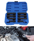 Beefy Eight Piece Thin Wall Lug Nut Socket Set With Spline Key CrMo Steel Wheel Lock Removal Tool Kit in blue case above engine work