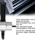 Double Head Metal Cutting Drill Attachment with 360 Degree Adjustable Handle for cutting metals and plastics, shown beside metal sheets.