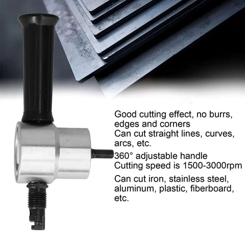 Double Head Metal Cutter Sheet Nibbler Drill Attachment with 360 Degree Adjustable Handle and metal sheets.