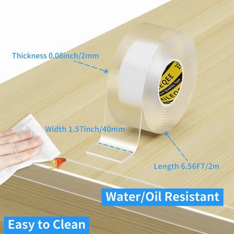 Clear Furniture Edge Protector Strips Ultra Soft Premium Polymer Corner Bumpers on a wooden surface with dimensions and cleaning info.