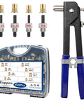 Rivet Nut Tool Kit with 4 Mandrels M5 M6 10-24 1/4-20 and 420 Rivet Nuts, Rugged Case, Tool and Mandrels Displayed