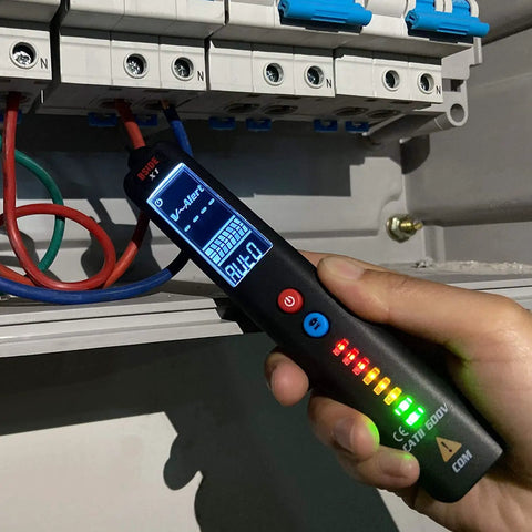 Person using Rechargeable Multimeter And Voltage Tester Kit With Color LCD Display And EBTN Readout for home electrical safety
