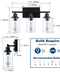 Diagram of Matte Black 3 Light Vanity Wall Sconces With Clear Glass Shades, E26 Base, dimensions and bulb requirements included