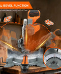 Professional Grade 10 Inch Double Bevel Sliding Compound Miter Saw With A Bulletproof 15 Amp Motor And Smooth 5000 Rpm Cutting Action For Precision Woodwork And Home Garage Grinds showing dual-bevel cutting capability at 45 degrees.