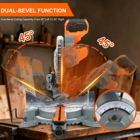 Professional Grade 10 Inch Double Bevel Sliding Compound Miter Saw With A Bulletproof 15 Amp Motor And Smooth 5000 Rpm Cutting Action For Precision Woodwork And Home Garage Grinds showing dual-bevel cutting capability at 45 degrees.