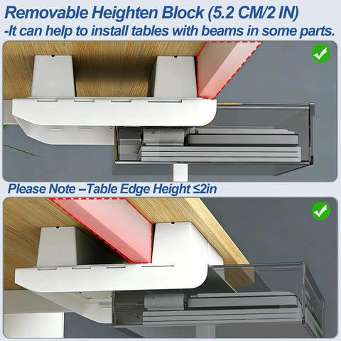 Level Up Your Desk Game With These Smooth Glide Under Desk Drawers Large And Medium 2 Pack Slide Out Storage Organizer For Tables With Lips Adhesive Workspace Flex Kit For Clean Vibes, showing removable heighten block for installation.