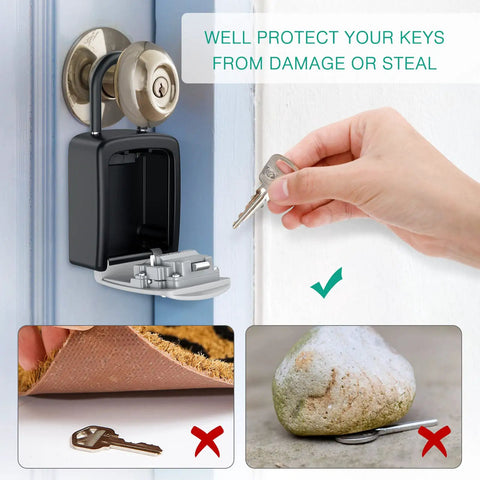 Key Safe Box For Home And Outdoors With 4 Digit Combination Locks, open, attached to door, hand inserting key, secure storage solution