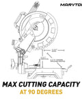 Heavy Duty 10 Inch Compound Miter Saw Boasting A Beefy 15 Amp Motor Cruising At 5000 Rpm For Silky Smooth Cuts On Wood Metal Plastic And Laminates Featuring Single Bevel 0 To 45 Degree Angles Wide Extension Table Plus 36 T Blade with max cutting capacity at 90 degrees.
