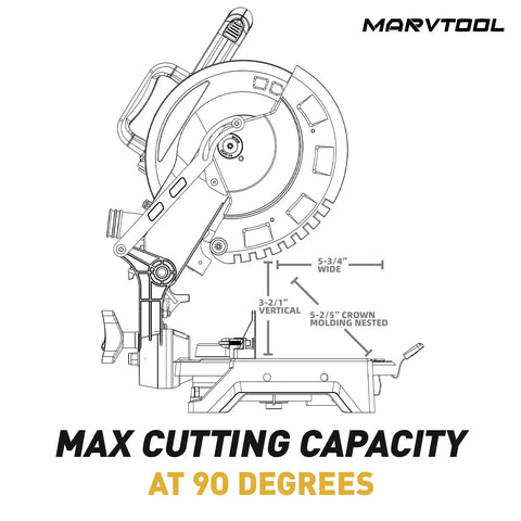 Heavy Duty 10 Inch Compound Miter Saw Boasting A Beefy 15 Amp Motor Cruising At 5000 Rpm For Silky Smooth Cuts On Wood Metal Plastic And Laminates Featuring Single Bevel 0 To 45 Degree Angles Wide Extension Table Plus 36 T Blade with max cutting capacity at 90 degrees.