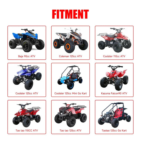 Image showing various ATV models: Baja 90cc, Coleman 125cc, Coolster 110cc, Coolster 125cc, Kazuma Falcon90, Tao tao 125cc, Taotao 125cc.