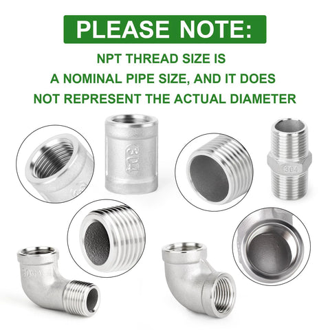 Eight-piece 304 stainless steel pipe fittings kit with 90-degree elbow, hex bushing, and 3/8 in NPT coupling.