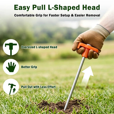 Heavy Duty 7 Inch Tent Stakes, 10 Pack Galvanized Steel Ground Anchors with orange easy pull L-shaped head in grass