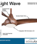 Light Wave 52 Inch Ceiling Fan With LED Light Kit In Distressed Koa Finish featuring three blades and remote control