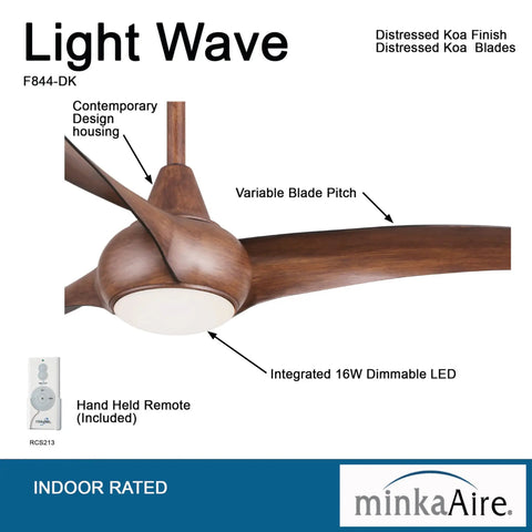 Light Wave 52 Inch Ceiling Fan With LED Light Kit In Distressed Koa Finish featuring three blades and remote control
