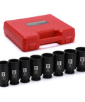 Eight-Piece Half Inch Drive Deep Socket Set For Axle Nuts, 12-Point Metric Cr-Mo Sockets with storage case, 29mm to 39mm