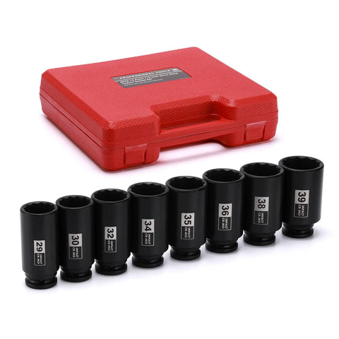 Eight-Piece Half Inch Drive Deep Socket Set For Axle Nuts, 12-Point Metric Cr-Mo Sockets with storage case, 29mm to 39mm