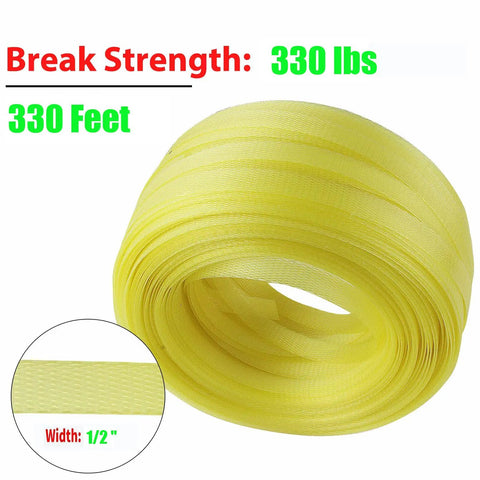 Heavy Duty Manual Pallet Strapping Kit With Poly Strap Sealer And Hand Tensioner Tool For No Sweat Load Securing showing 330 feet of 1/2 inch PP PET strap.