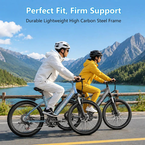 Two cyclists riding Awesome 1500W Peak Ebike For Adults With Removable 48V 12Ah Battery And 26 Inch Wheels