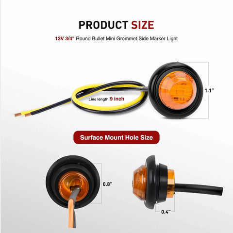 10-Pack Compact 3/4 Inch Round Clearance LED Marker Lights Kit For Truck, RV, Car, Bus, Trailer, And Boat Amber 12V with dimensions