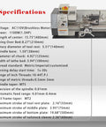 Specifications for Jaryannix 8x16 Inch Metal Bench Lathe With 1100W Brushless Motor And Digital Speed Control Up To 2500 RPM.