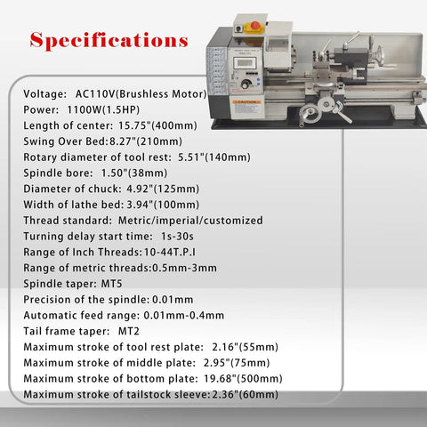 Specifications for Jaryannix 8x16 Inch Metal Bench Lathe With 1100W Brushless Motor And Digital Speed Control Up To 2500 RPM.