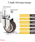 Four Pack Swivel Stem Casters With One Inch TPR Silent Wheels, 6mm M6 Threaded Bolts, Fifteen Millimeter Stem Length, 360 Degree Rotation, Brown Finish, Includes Two Brake Locks On Each Wheel, Suitable For Workbenches And Carts shown with dimensions and specs
