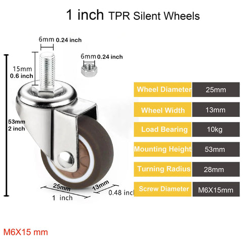 Four Pack Swivel Stem Casters With One Inch TPR Silent Wheels, 6mm M6 Threaded Bolts, Fifteen Millimeter Stem Length, 360 Degree Rotation, Brown Finish, Includes Two Brake Locks On Each Wheel, Suitable For Workbenches And Carts shown with dimensions and specs