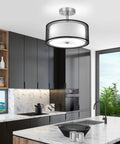 Dope Three Light Industrial Semi Drum Flush Mount Ceiling Light With Dimmable E26 Socket And 15 Inch Double Drum Pendant in kitchen