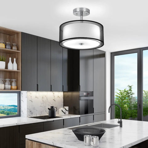 Dope Three Light Industrial Semi Drum Flush Mount Ceiling Light With Dimmable E26 Socket And 15 Inch Double Drum Pendant in kitchen