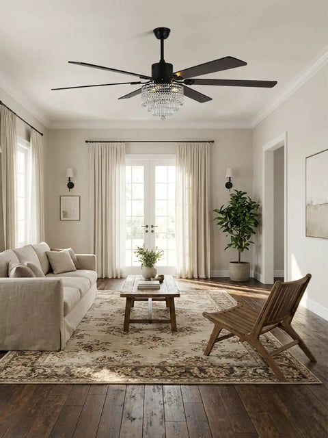 Bella Depot 65" Crystal Fandelier Low Profile Ceiling Fan with Light in stylish living room with natural light.