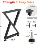 Diagram of Heavy Duty Metal Table Legs 28x17.7 Inch Industrial X Frame showing dimensions and adjustable feet details.