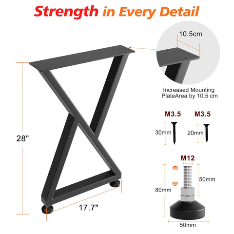 Diagram of Heavy Duty Metal Table Legs 28x17.7 Inch Industrial X Frame showing dimensions and adjustable feet details.