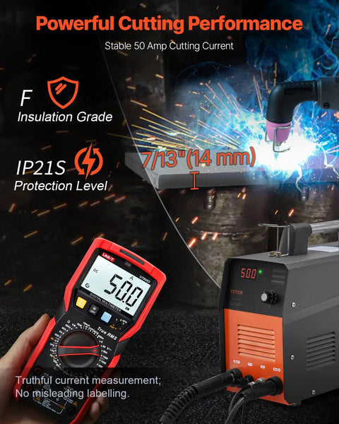 Pro Spec 50 Amp Plasma Cutter With Non-Touch Pilot Arc Torch, Dual Voltage 110V And 220V IGBT Inverter, cutting metal with sparks.