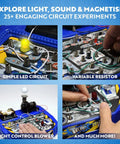 Electrical Circuit Board Kit For Kids With 25 Plus STEM Projects showing LED, resistor, and learner assembling circuits.