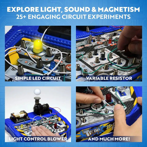 Electrical Circuit Board Kit For Kids With 25 Plus STEM Projects showing LED, resistor, and learner assembling circuits.