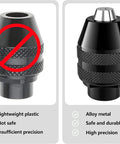 Comparison of a plastic versus metal keyless chuck for rotary tools. Right: Keyless Chuck Replacement For Rotary Tools One Thirty Second To One Eighth Inch Shank Quick Change 3 Jaw Adapter Kit Fits Most Corded And Cordless Models For Drill Bits Sanding Accessories Polishing Wheels And Other Light Duty Tasks.