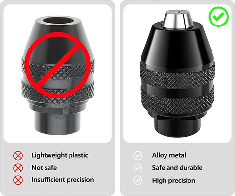 Comparison of a plastic versus metal keyless chuck for rotary tools. Right: Keyless Chuck Replacement For Rotary Tools One Thirty Second To One Eighth Inch Shank Quick Change 3 Jaw Adapter Kit Fits Most Corded And Cordless Models For Drill Bits Sanding Accessories Polishing Wheels And Other Light Duty Tasks.