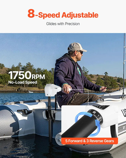 Man adjusting Electric Trolling Motor For Kayaks And Fishing Boats, 12V 55 Lbs Thrust, showing 8-speed control.