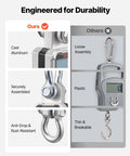 Comparison image showing Heavy Duty Digital Crane Scale With 6600 Lbs Max Capacity and Rock Solid Cast Aluminum Case durability features.