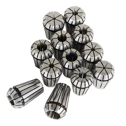Heavy Duty ER16 Spring Collet Set 12 Pieces 1/32 To 3/8 Inch Carbon Steel Hardened for CNC Machines shown in close-up