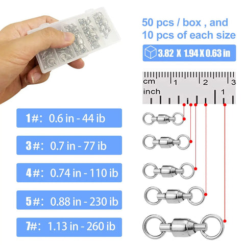 50 Pack Ball Bearing Fishing Swivels Set Black Nickel Heavy Duty Stainless Snap Connectors For Leader Lures And Tackle Saltwater Safe Snag Free Terminal Gear Built Tough For Big Fish, 50-piece box