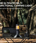 Telescoping Camping Light With Stand, Powerhouse 12000mAh Rechargeable Lantern on table in forest camp setup