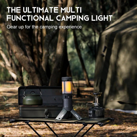 Telescoping Camping Light With Stand, Powerhouse 12000mAh Rechargeable Lantern on table in forest camp setup