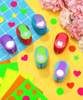 36 Piece Craft Hole Punch Shapes with Colorful Sticker Paper for Scrapbooking, showing six 1-inch punchers and vibrant sticker sheets.