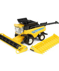 New Holland CR8.90 1/64 Scale Die Cast Combine with corn and grain headers displayed, yellow and black model for collectors