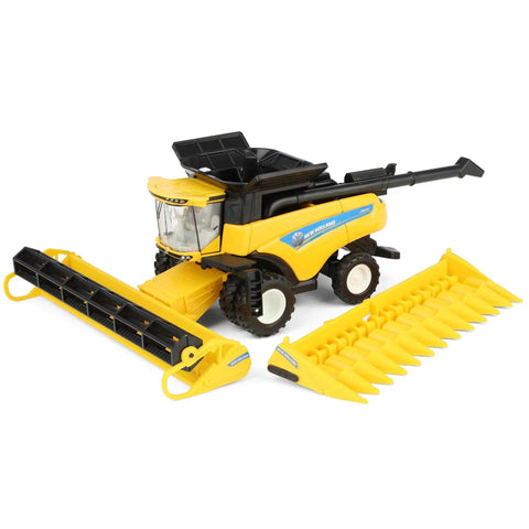New Holland CR8.90 1/64 Scale Die Cast Combine with corn and grain headers displayed, yellow and black model for collectors
