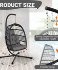 Chill Outdoor Egg Chair with Stand for Patio and Garden Hang Swing Hammock Chair with Thickened Aluminum Alloy Frame and UV Resistant Cushion, 350 lb Capacity, Grey, dimensions and adjustable features shown