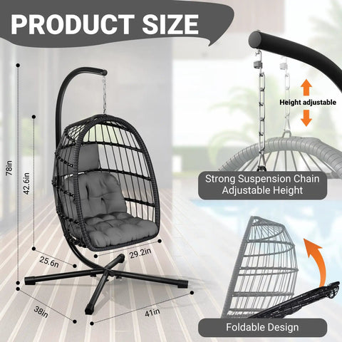 Chill Outdoor Egg Chair with Stand for Patio and Garden Hang Swing Hammock Chair with Thickened Aluminum Alloy Frame and UV Resistant Cushion, 350 lb Capacity, Grey, dimensions and adjustable features shown