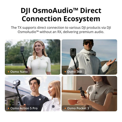 Collage of four images showing DJI OsmoAudio connection with Osmo Nano, Osmo 360, Osmo Action 5 Pro, and Osmo Pocket 3.