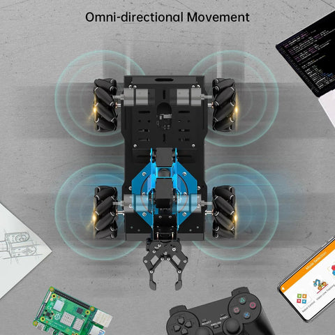 Robotic kit with Raspberry Pi 4B, four-wheeled omnidirectional chassis, blue frame